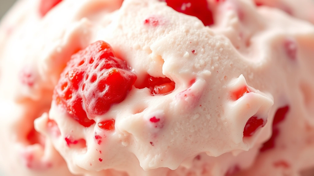 detail: close-up macro shot of strawberry ice cream texture showing strawberry pieces and creamy swirls, single scoop, natural light, photorealistic, no text