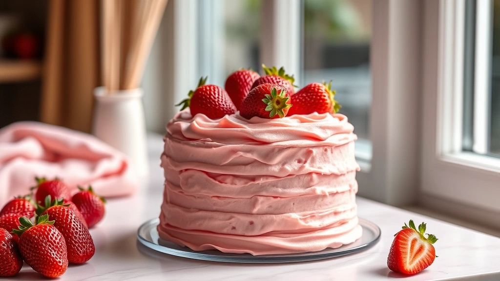 hero: perfectly frosted strawberry layer cake with fluffy pink strawberry icing, fresh strawberries on top, photorealistic, natural window light, no text, vibrant pink color