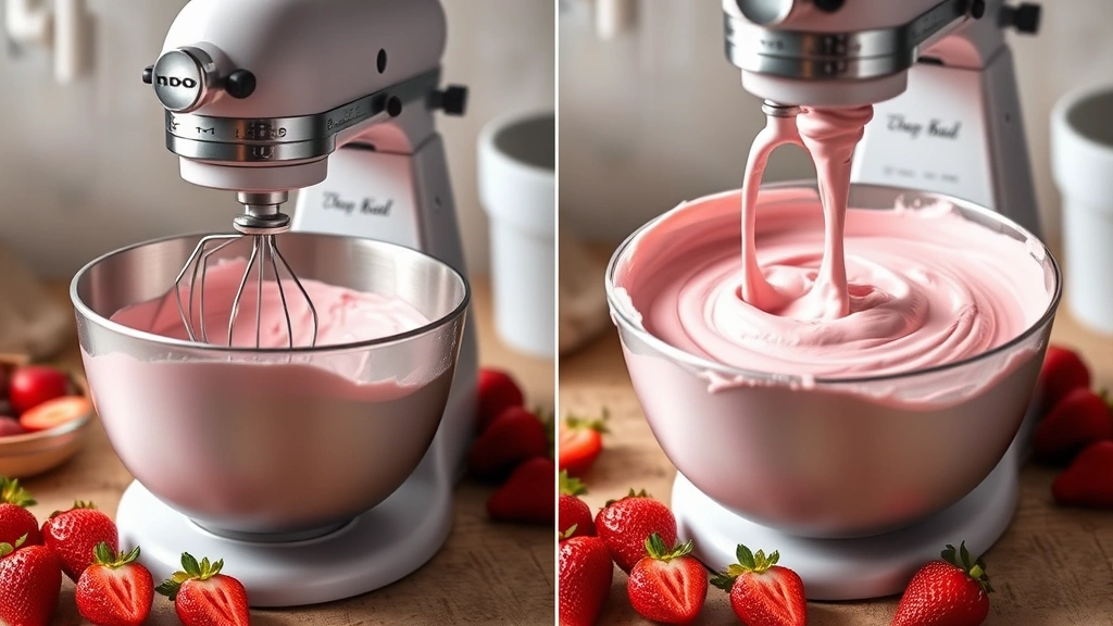 process: electric mixer beating creamy pink strawberry icing in metal bowl with fresh strawberries beside it, photorealistic, natural kitchen light, no text
