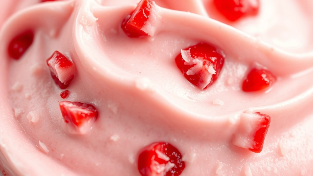 detail: close-up of strawberry icing texture showing smooth, fluffy frosting with visible strawberry pieces, photorealistic, natural light, no text