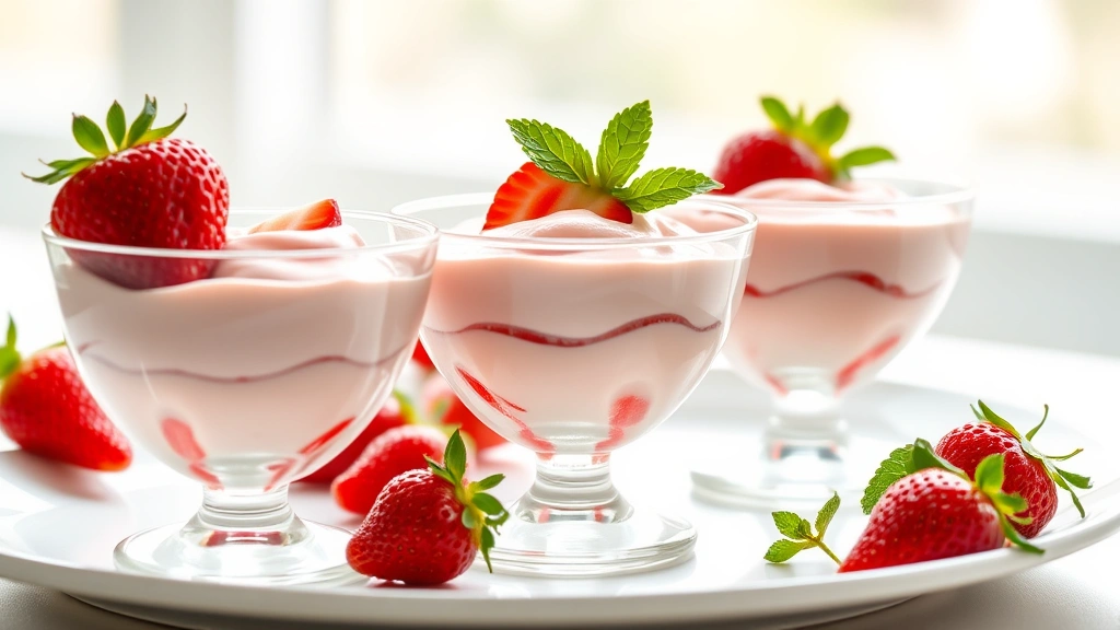 hero: elegant strawberry mousse in glass bowls, topped with fresh strawberries and mint, photorealistic, natural bright daylight from window, soft shadows, no text, professional plating