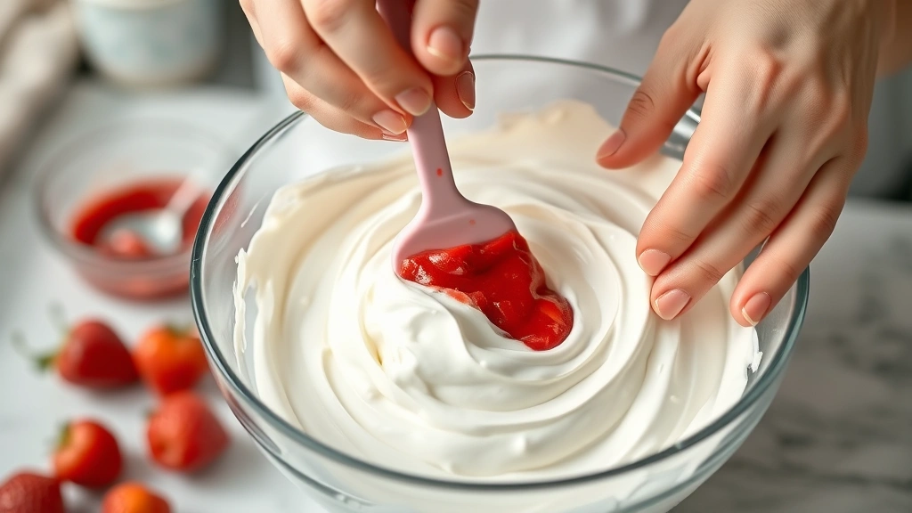 process: hands folding strawberry puree into whipped cream with rubber spatula, photorealistic, natural kitchen light, close-up action shot, no text