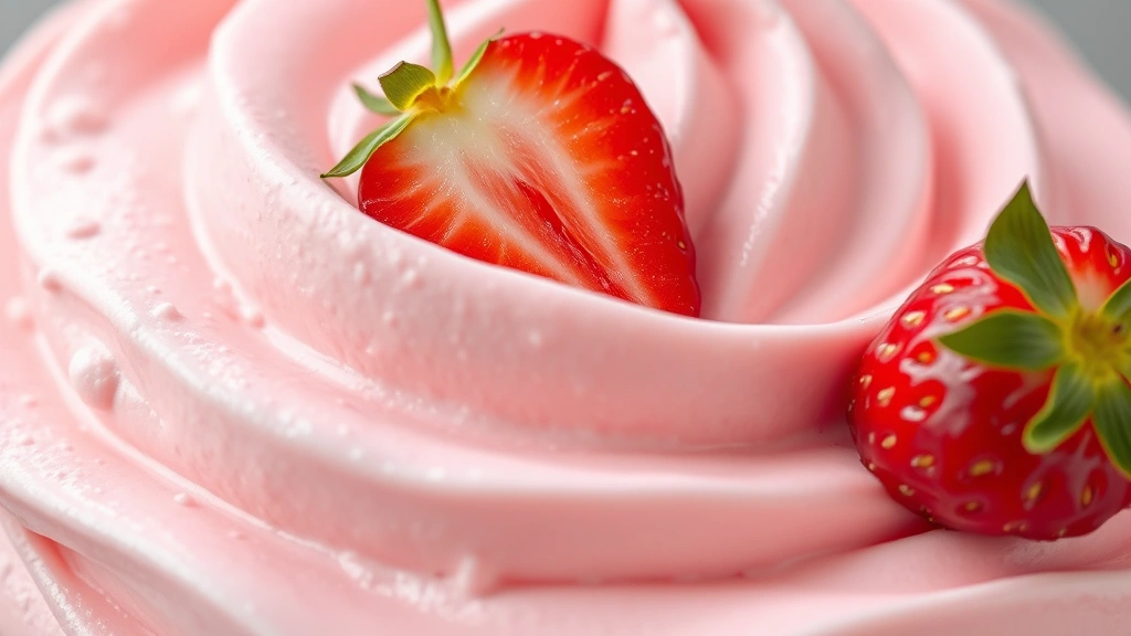 detail: close-up of fluffy pink strawberry mousse texture with whipped cream swirl and fresh strawberry garnish, photorealistic, natural soft light, macro photography, no text