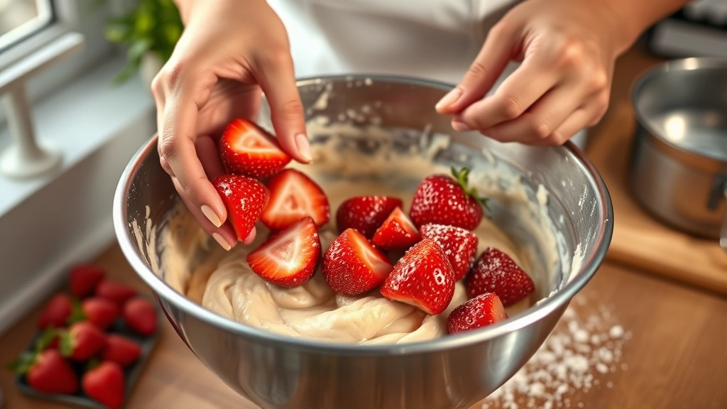 process: hands folding fresh strawberries into pale muffin batter in stainless steel bowl, flour dusting visible, natural window light, warm kitchen atmosphere, photorealistic, no text