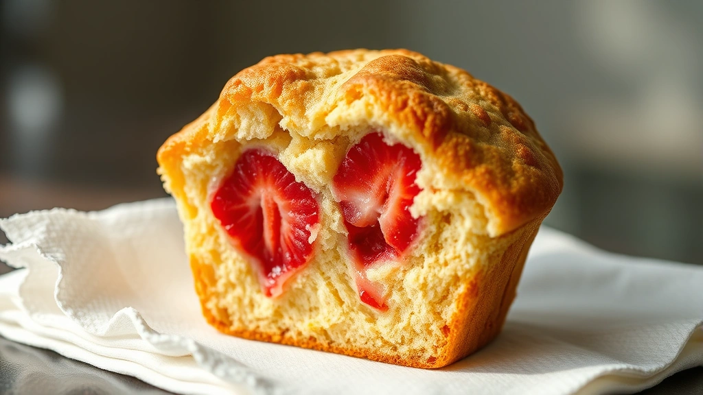 detail: close-up cross-section of single warm muffin showing burst strawberry pockets and tender crumb structure, sitting on white napkin, soft natural light highlighting texture, photorealistic, no text