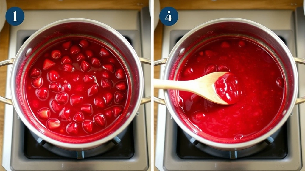 process: cooking strawberry filling in saucepan on stovetop, glossy ruby-red mixture with visible fruit pieces, wooden spoon stirring, warm kitchen lighting, no text