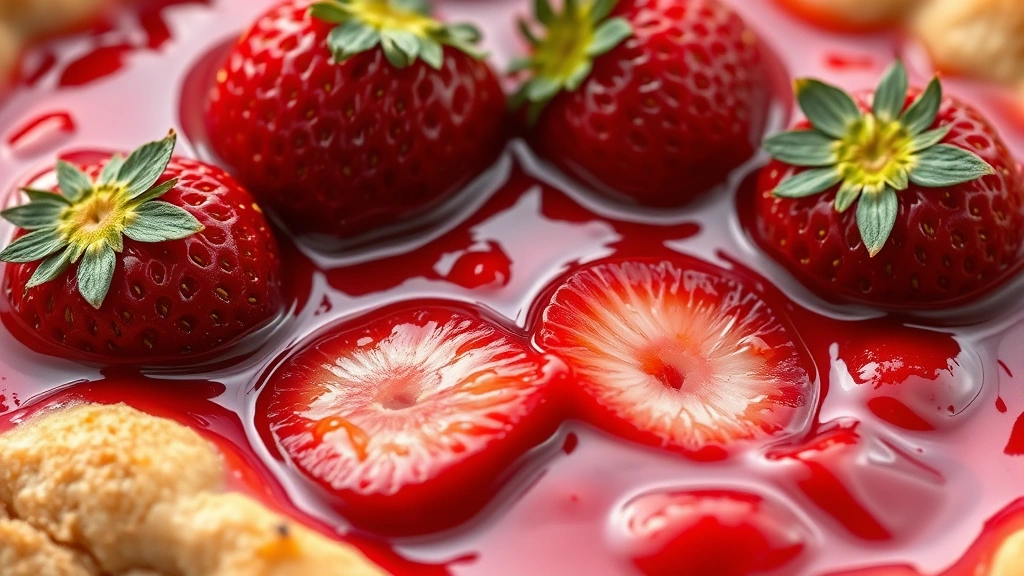 detail: close-up of strawberry pie filling showing texture and individual strawberries, glossy and jewel-toned, macro photography, natural light, no text