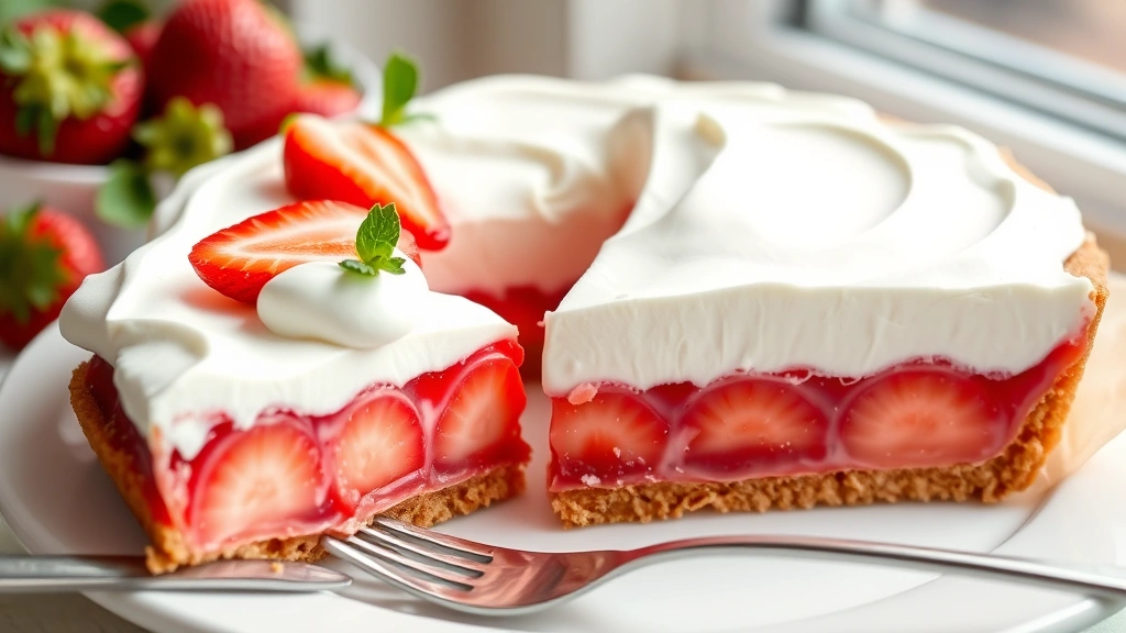 hero: Stunning strawberry jello pie with whipped cream topping, slice removed showing layers of jello and fresh strawberries, buttery graham cracker crust visible, sitting on white plate with fork, natural window light, bright and appetizing, professional food photography