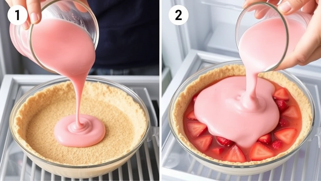 process: Hands pouring thickened strawberry gelatin into graham cracker crust in pie dish, fresh strawberries visible in mixture, refrigerator setting, natural kitchen light, showing the layering process