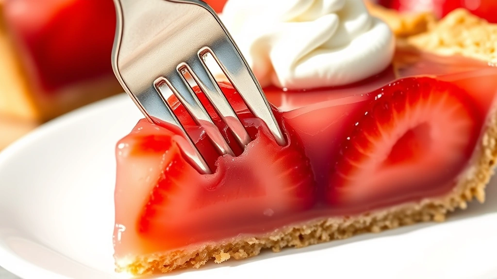 detail: Close-up macro shot of single pie slice showing perfect layers of golden graham cracker crust, translucent strawberry jello with embedded fresh strawberry halves, topped with dollop of whipped cream, fork cutting through, natural light highlighting the shine and texture