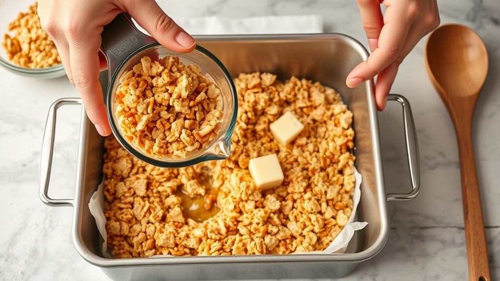 process: hands spreading crushed pretzels into baking dish with measuring cup, golden pretzel mixture visible, butter glistening, stainless steel baking dish, wooden spoon nearby, photorealistic, natural kitchen lighting, no text