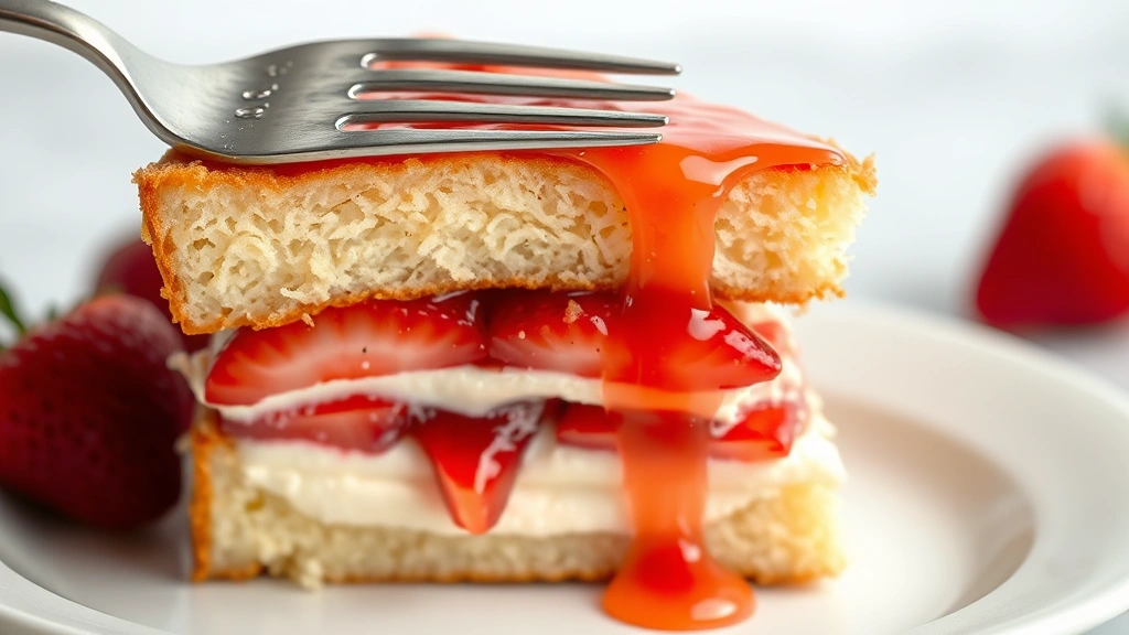 detail: close-up of single slice showing all three layers separated and distinct, creamy center texture visible, strawberry glaze dripping, pretzel crunch detail, fork holding slice, photorealistic, macro photography style, shallow depth of field, no text