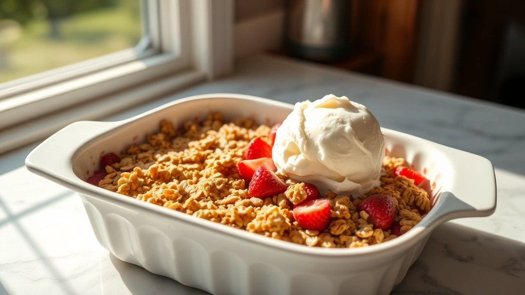 hero: strawberry rhubarb crisp in white ceramic baking dish, golden oat topping with visible strawberries and rhubarb peeking through, vanilla ice cream melting on top, warm afternoon sunlight streaming through kitchen window, shallow depth of field, food styling on marble surface