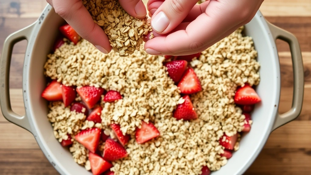 process: hands sprinkling oat topping mixture over fresh strawberry and rhubarb filling in baking dish, close-up action shot showing texture of crumbly topping, natural kitchen lighting, overhead perspective