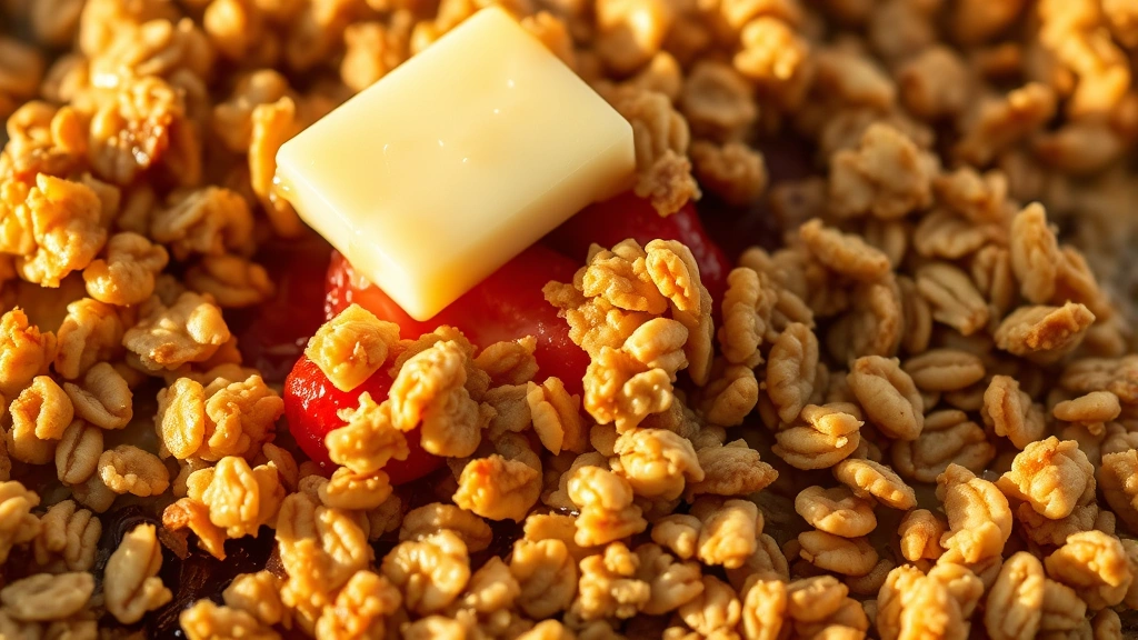 detail: close-up of baked crisp showing golden oat topping with melted butter, strawberry and rhubarb filling visible, steam rising, selective focus on texture, warm golden hour lighting