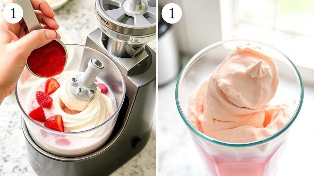 process: hand churning sorbet in ice cream maker, strawberry puree being churned, creamy texture forming, kitchen counter setting, natural light from window, no text