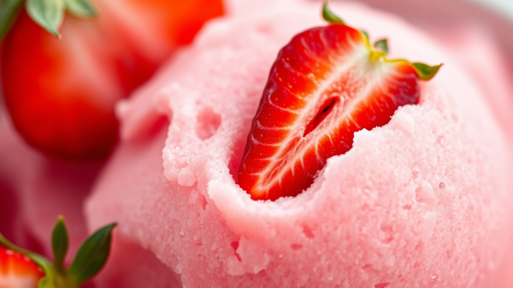 detail: close-up macro shot of strawberry sorbet texture, showing smooth creamy consistency, single scoop with strawberry slice, shallow depth of field, natural light, no text