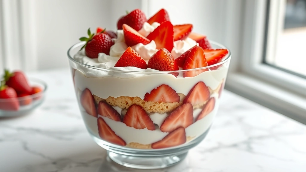 hero: stunning strawberry trifle in a clear glass bowl showing distinct layers of vanilla cake, whipped cream, and fresh red strawberries, photorealistic, natural window light, on white marble surface, no text