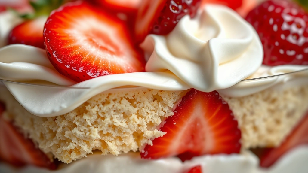 detail: close-up macro shot of strawberry trifle layers showing texture of cake, creamy whipped cream, and glistening fresh strawberry slices, photorealistic, natural soft light, no text