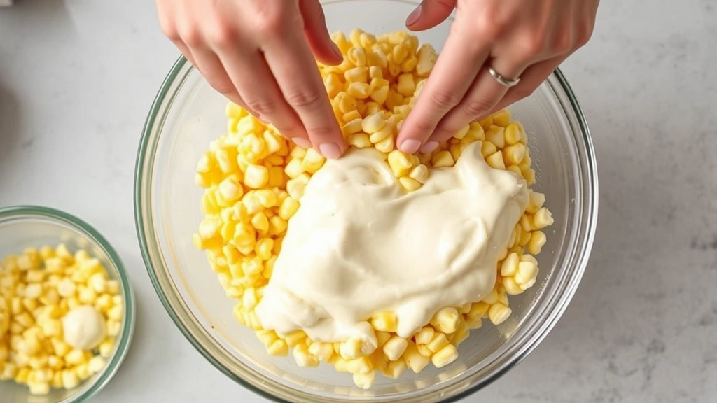 process: hands mixing corn with creamy mayo mixture in glass bowl, bright kitchen lighting, overhead angle, no text