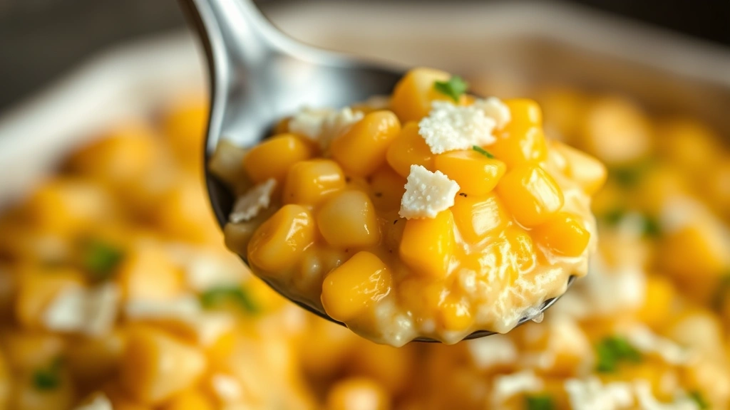 detail: close-up spoonful of street corn dip showing corn kernels and cotija cheese, shallow depth of field, warm natural light, no text
