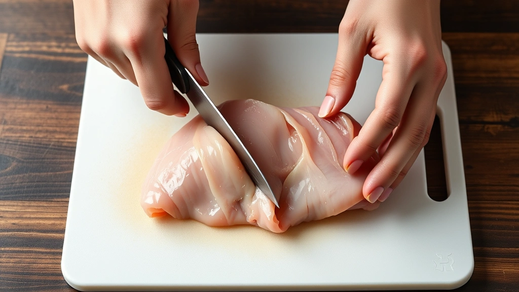 process: hands butterflying chicken breast with sharp knife on white cutting board, creating pocket, photorealistic, natural light, no text