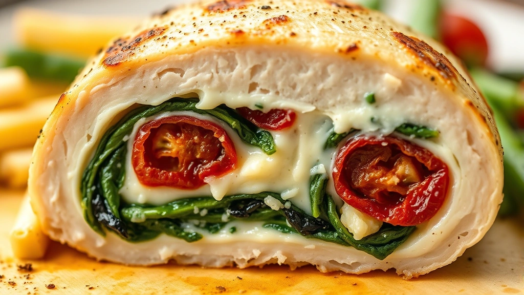 detail: close-up cross-section of stuffed chicken breast showing creamy cheese filling with spinach and sun-dried tomatoes, photorealistic, natural light, no text