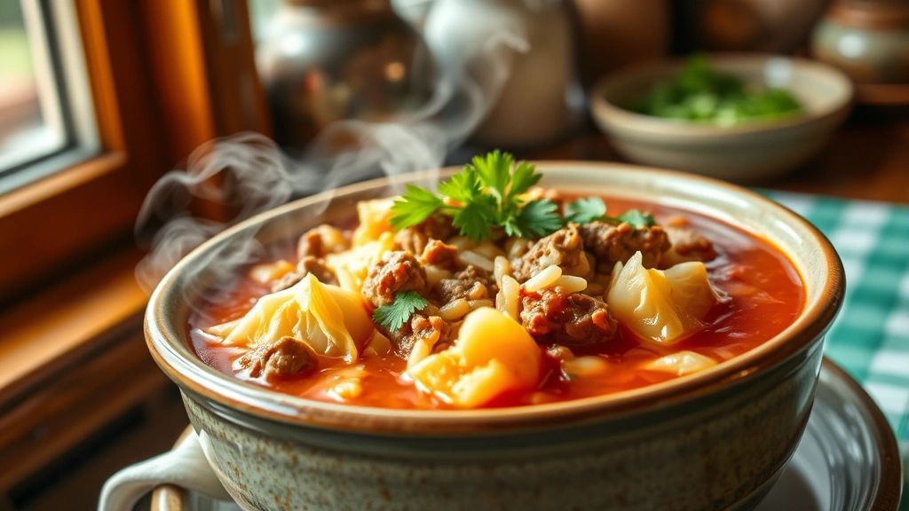 hero: steaming bowl of stuffed cabbage soup with visible ground beef, rice, and tender cabbage pieces in rich tomato broth, garnished with fresh green parsley, rustic ceramic bowl, warm natural light from side window, cozy kitchen background slightly blurred