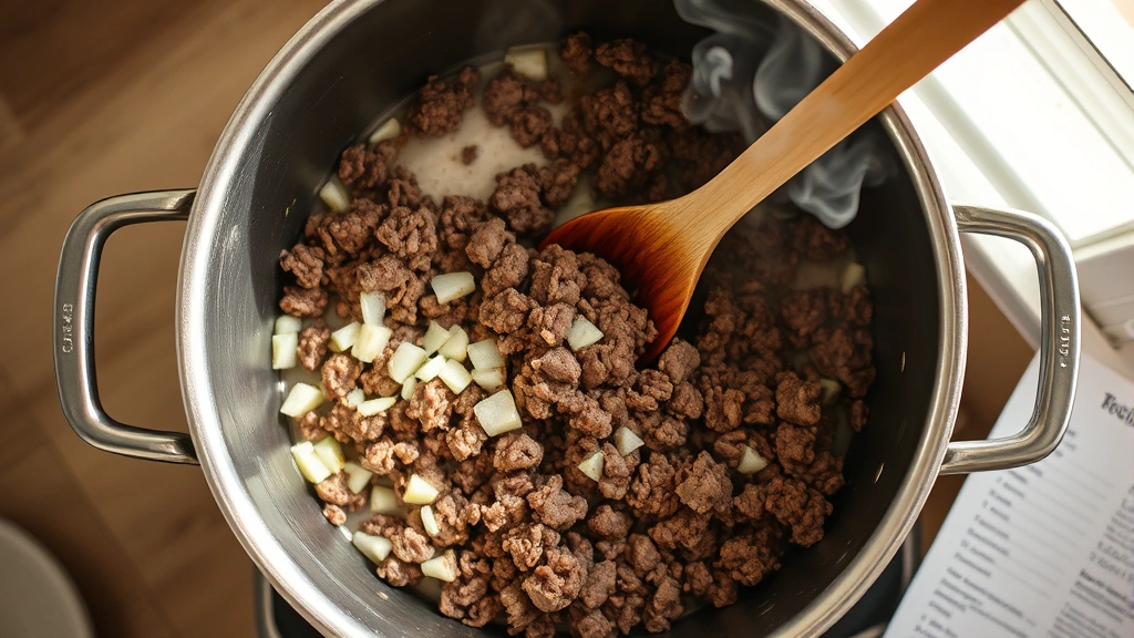 process: overhead shot of large stainless steel pot with browning ground beef being stirred with wooden spoon, diced onions visible, steam rising, bright natural window light, recipe card partially visible at edge