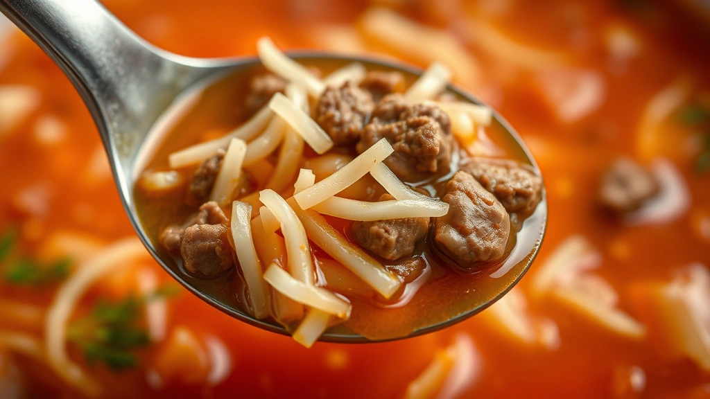 detail: close-up macro shot of single spoonful of soup showing perfectly cooked rice grain, shredded cabbage, and ground beef suspended in glossy tomato broth, soft warm lighting, shallow depth of field, appetizing and inviting