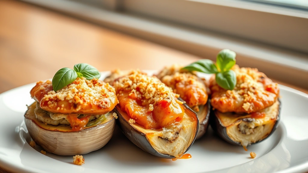 hero: four golden-brown stuffed eggplant halves arranged on a white plate, bubbling melted cheese and breadcrumb topping glistening, fresh basil garnish, soft natural window light, shallow depth of field