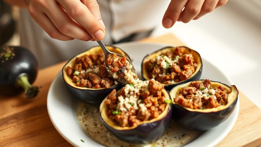 process: hands spooning savory meat and eggplant filling into purple eggplant shell, creamy mixture visible, kitchen counter setting, warm natural lighting, action shot