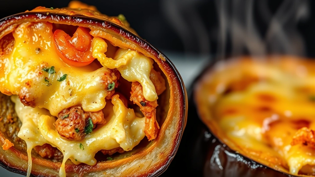 detail: close-up cross-section of cooked stuffed eggplant showing layers of tender eggplant flesh, seasoned filling, and golden melted cheese, steam rising, macro photography style