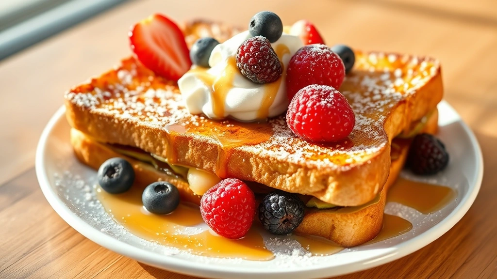 hero: perfectly golden stuffed French toast on a white plate topped with powdered sugar, fresh berries, whipped cream and maple syrup drizzle, photorealistic, warm natural morning light, no text