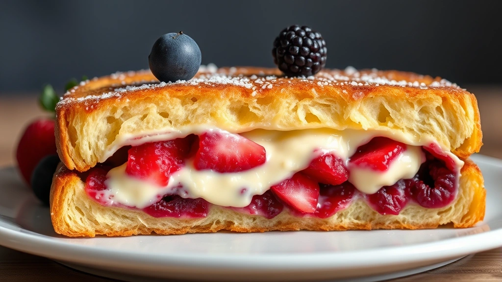 detail: close-up cross-section of stuffed French toast showing creamy cheese and berry filling inside golden custardy bread, photorealistic, natural light, no text