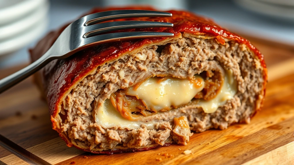 detail: cross-section of cooked stuffed meatloaf showing layers of meat and creamy filling, fork resting on edge, warm overhead lighting, wooden cutting board