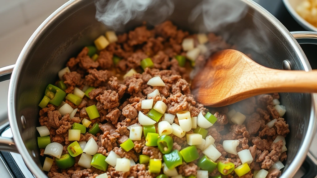 process: ground beef browning in large pot with diced onions and bell peppers, wooden spoon stirring, steam rising, bright kitchen lighting, photorealistic, no text