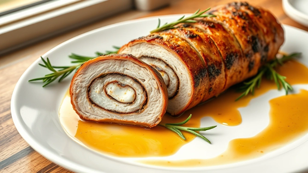 hero: sliced stuffed pork loin showing spiral filling on white plate with pan sauce drizzled around, fresh rosemary garnish, photorealistic, natural window light, warm ambiance, no text