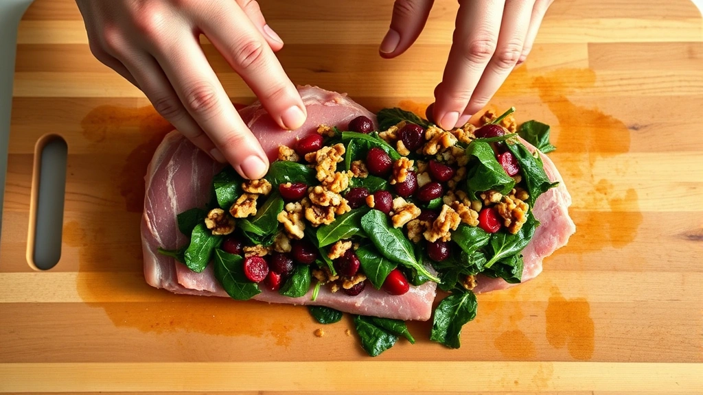 process: butterflied raw pork loin on wooden cutting board with cranberry walnut spinach filling being spread across center, chef's hands visible, photorealistic, bright natural light, no text