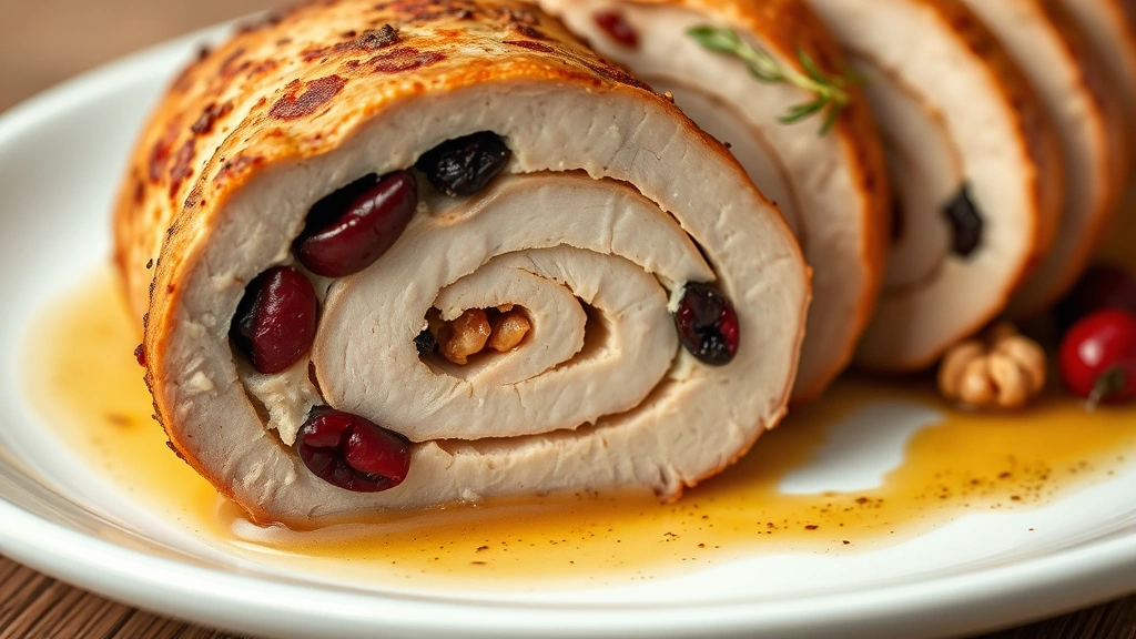 detail: close-up cross-section of sliced pork loin showing perfect spiral pattern of filling with cranberries and walnuts visible, on white plate with pan sauce, photorealistic, soft natural light, no text