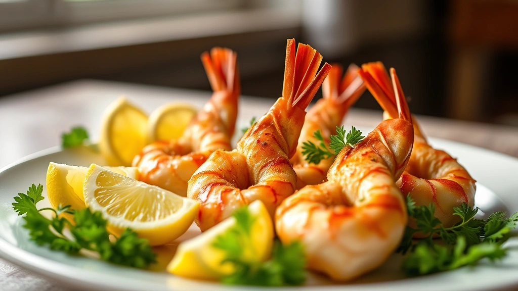 hero: golden-brown stuffed shrimp on white plate with fresh lemon wedges and parsley garnish, shallow depth of field, warm natural window lighting from left, professional food photography style, no text