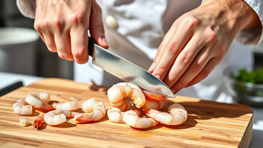process: chef hands butterflying large shrimp with sharp knife on wooden cutting board, close-up action shot, bright natural daylight, professional culinary photography, no text