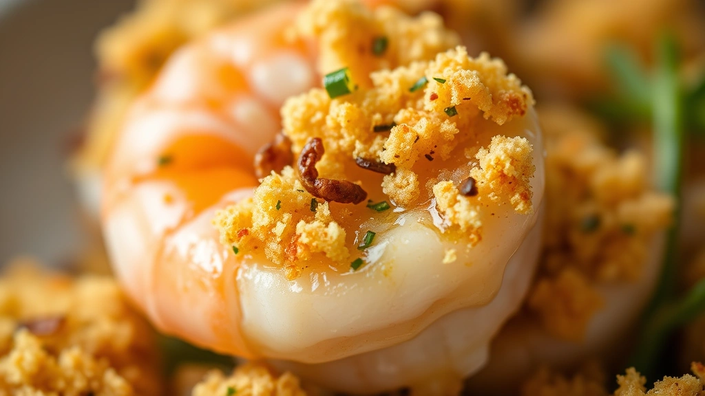 detail: extreme close-up of single stuffed shrimp showing crispy golden breadcrumb topping with visible herbs and butter, macro photography, warm studio lighting, no text