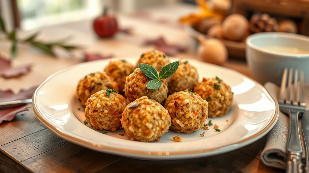 hero: golden brown stuffing balls arranged on white ceramic plate with fresh sage garnish, warm autumn lighting, cozy farmhouse table setting, no text