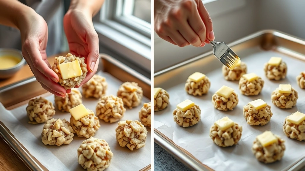 process: hands forming stuffing mixture into balls, melted butter being brushed on tops, baking sheets with parchment paper, natural kitchen window light, no text