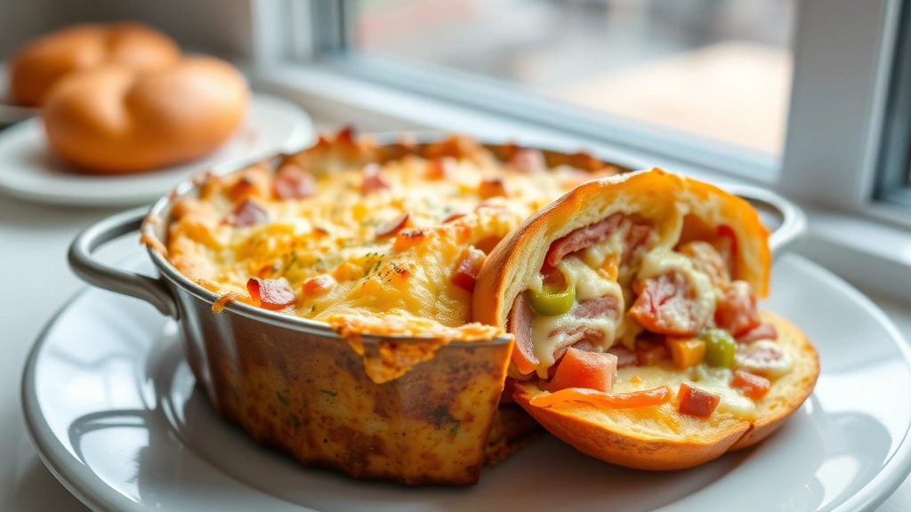 hero: golden-brown sub in a tub casserole fresh from oven, melted cheese bubbling, sliced to show colorful layers of deli meats peppers and cheese, served on white plate, bright natural window light, no text or watermarks