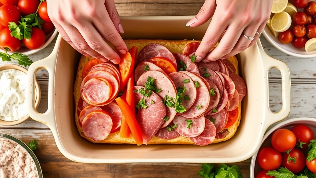 process: hands layering sliced deli meats and fresh vegetables into Italian bread in baking dish, overhead angle, natural daylight, ingredients visible around dish, no text