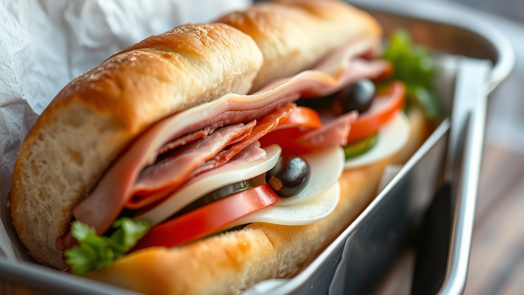 detail: close-up cross-section of sub in a tub showing distinct layers of roast beef turkey provolone mozzarella peppers olives and vegetables, golden bread visible, shallow depth of field, natural lighting, no text