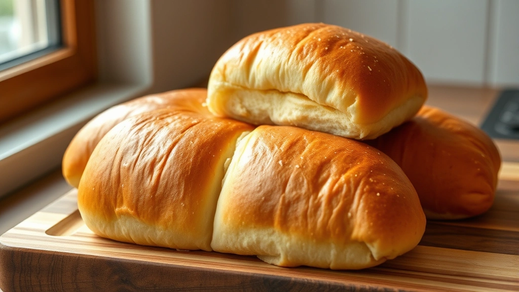 hero: golden-brown homemade sub rolls fresh from the oven, arranged on a wooden cutting board, photorealistic, natural window light, no text