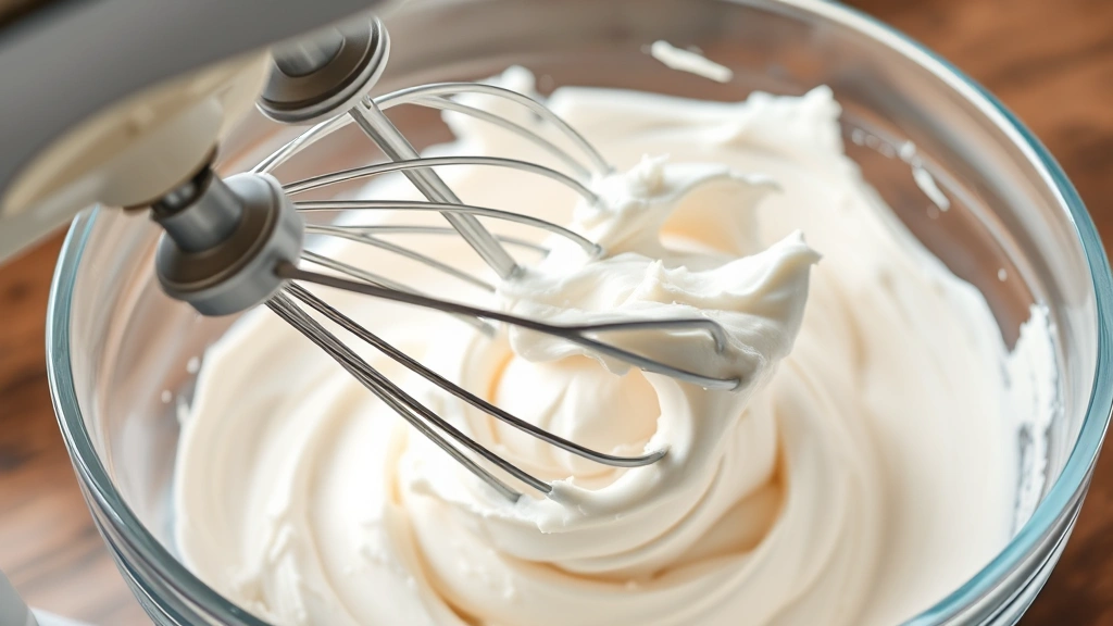 process: electric mixer beating creamy white frosting in a glass bowl, showing the fluffy texture and consistency, photorealistic, natural light, no text, close enough to see the mixer blades